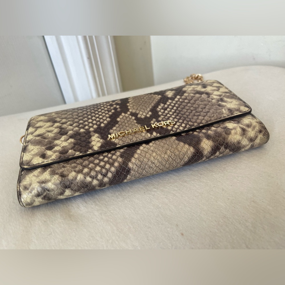 Michael Kors Snake-Print Chain Clutch in Taupe and Beige - Picture 4 of 9